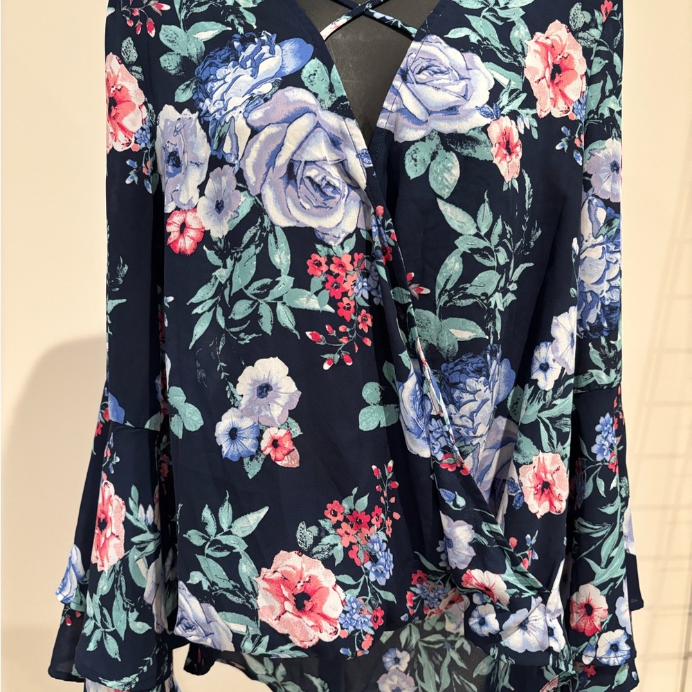 Charming Charlie White and Gray Wrap Blouse with Cut Out Details